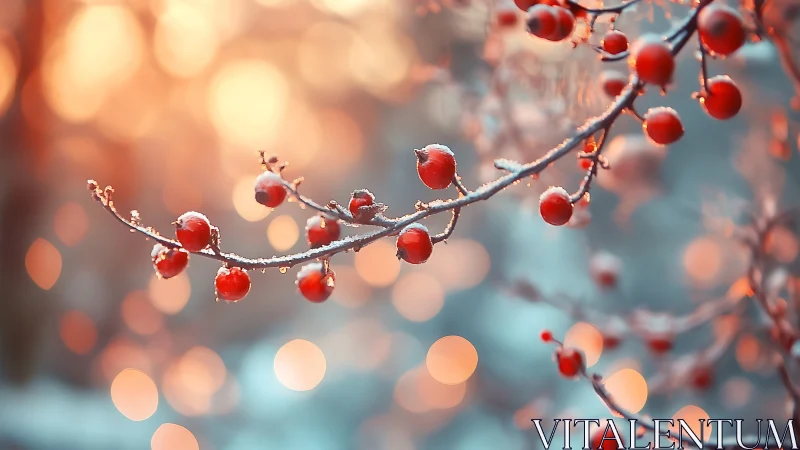Frosted red berries glow softly against a dreamy winter sunset