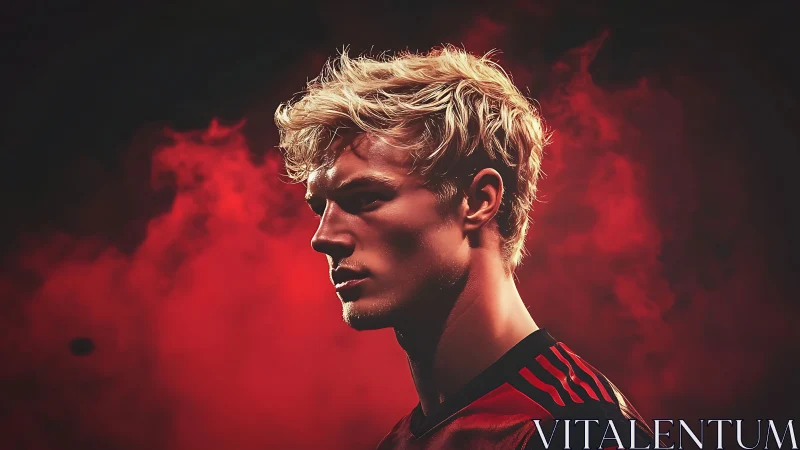 Blond athlete profile portrait in dramatic red smoke lighting.