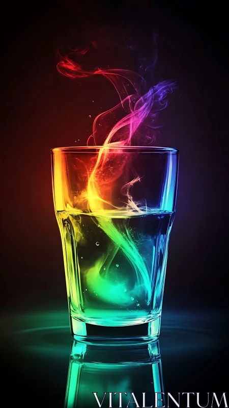Glass holds swirling rainbow liquid and rising colored vapors
