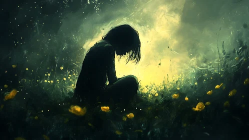Silhouetted figure sits in backlit meadow amid scattered flowers