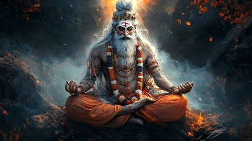 Meditating ascetic figure in fiery rocky environment.