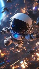 Small robotic astronaut in orbit among space debris field.