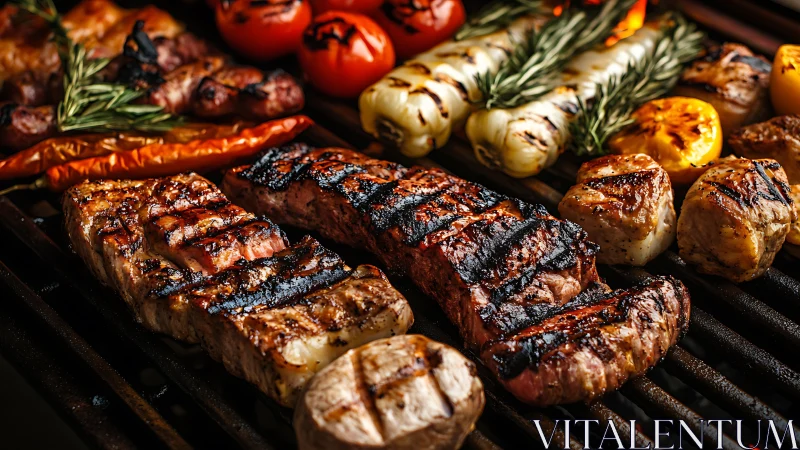 Smoky grill marks dance across steak, flame-kissed vegetables