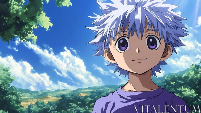 Anime boy under bright summer sky with forest backdrop.