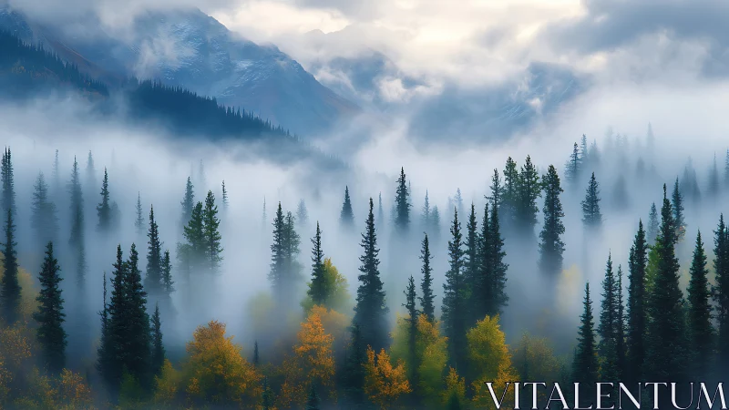 Misty alpine pines cradle autumn fire beneath clouded peaks.