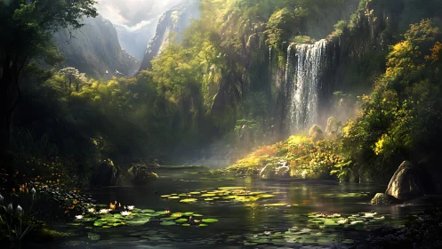 Luminous forest waterfall over reflective lily pond at dawn.