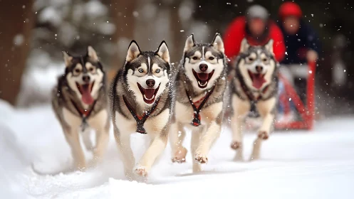 Snow-charged husky quartet sprinting like winter rockets.