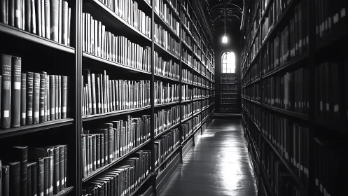 Monochrome library stacks in deep linear perspective study.