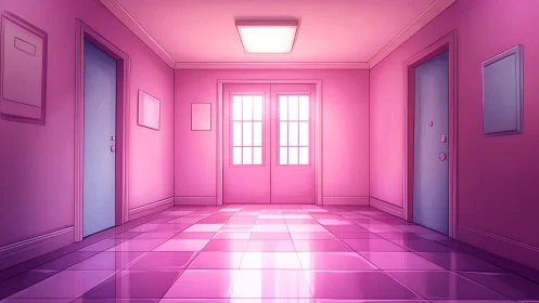 Pink interior hallway with tiled floor and closed doors.