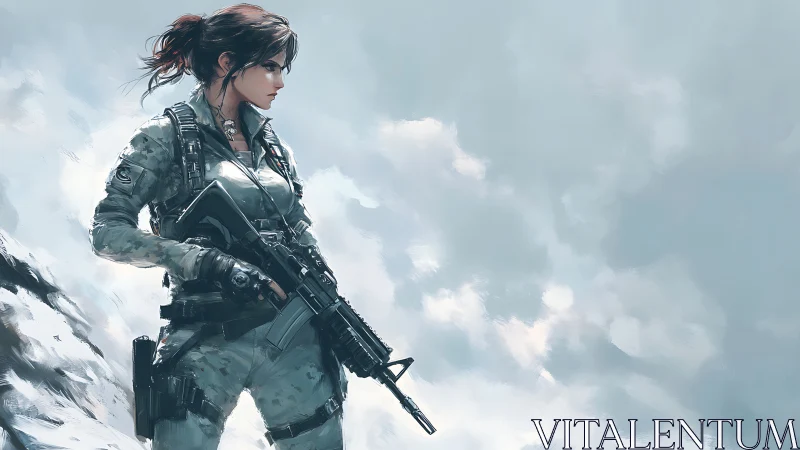 Elite female soldier scans a misty battlefield horizon.
