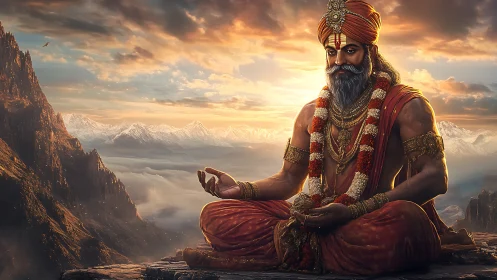Serene mountain sage meditating beneath a golden sunrise.