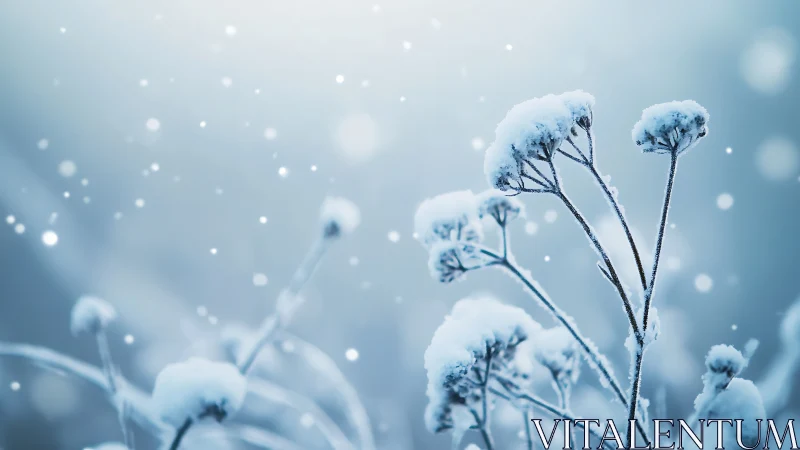 Snow-covered seed heads stand in shallow-focus winter scene