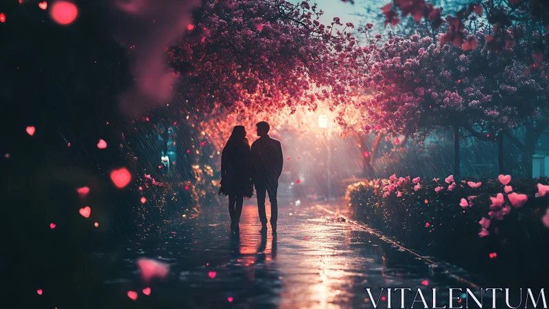 Silhouetted Couple in Luminous Floral Tunnel.