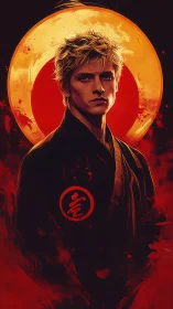 Martial artist stands before blazing red and gold circle