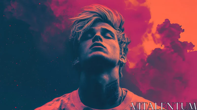 Neon portrait in duotone gradient with atmospheric cloud field.