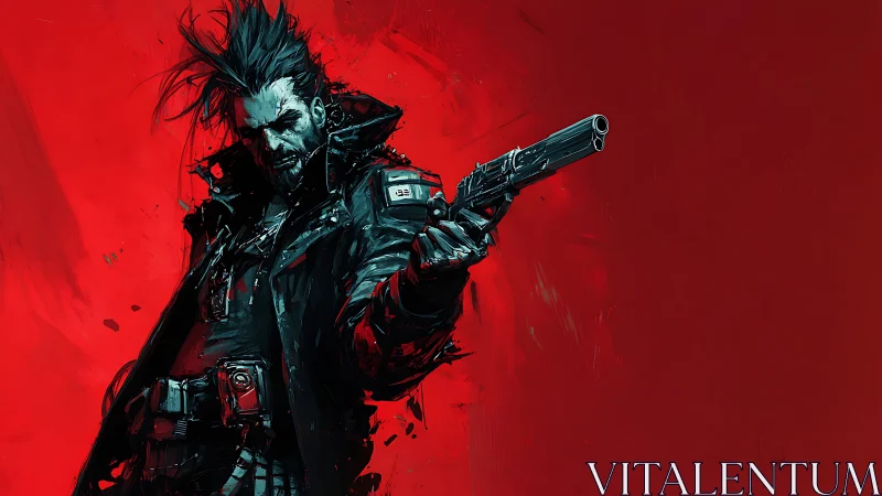 Cyberpunk gunman in black coat against vivid red background.
