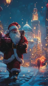 Santa walks through snowy festive city street at night.