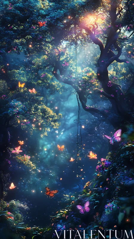Digital painting of luminous butterflies in enchanted forest canopy.