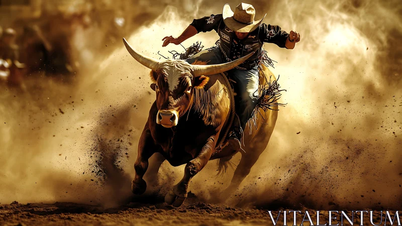 Rodeo bull rider in dust cloud on dirt arena surface.