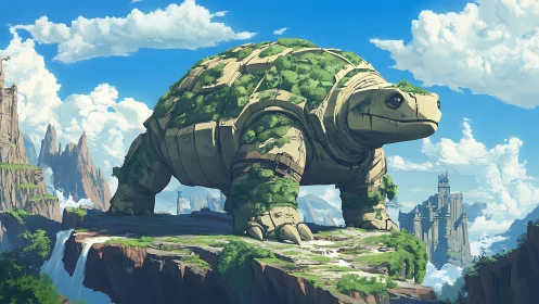 Geological colossus tortoise with vegetated exoshell in orbiting highlands.
