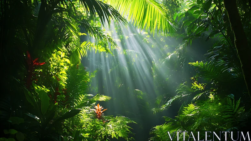 Volumetric sunlight rays piercing dense tropical rainforest