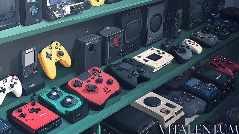 Curated spectrum of retro-styled gamepads and handheld consoles.
