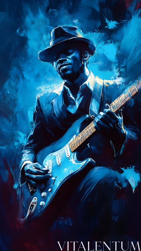 Blues guitarist in blue-toned expressive digital portrait.