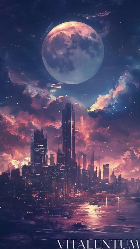 Dreamlit futuristic city glowing beneath a colossal moon.