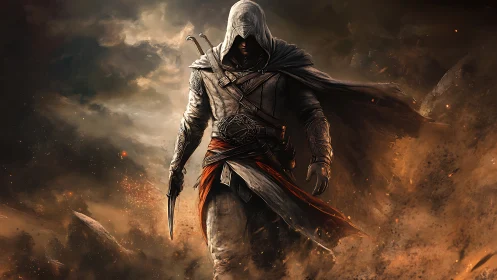 Hooded assassin strides through swirling fiery sandstorm.