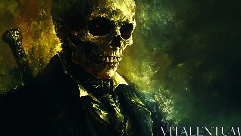 Skeleton gentleman in dark suit with sword in shadows.