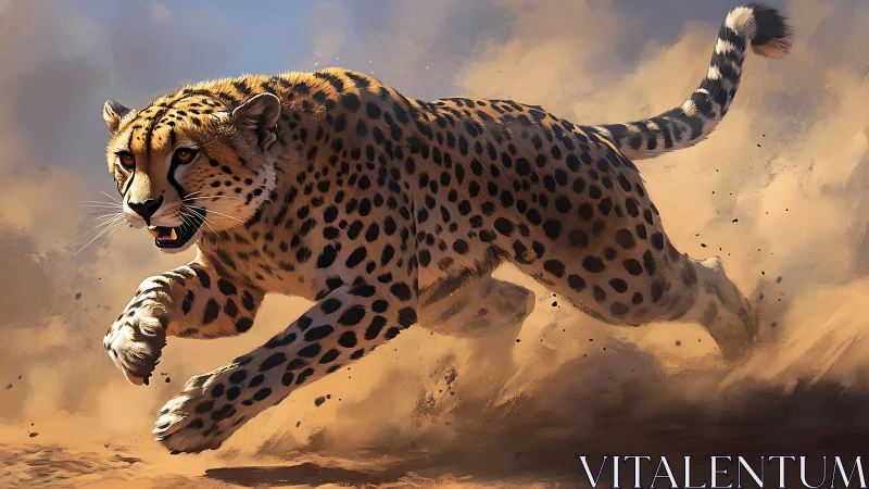 Cheetah sprinting through desert dust at full speed.