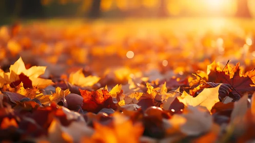 Sunlit maple leaves lie on ground in shallow focus view