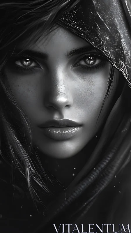 Monochrome close portrait of hooded woman with intense gaze.