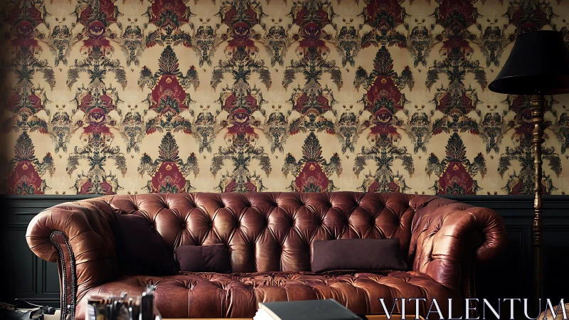 Photorealistic Chesterfield sofa with ornate damask backdrop.
