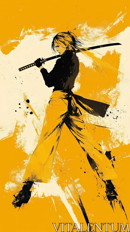 Golden samurai silhouette caught between motion and stillness.