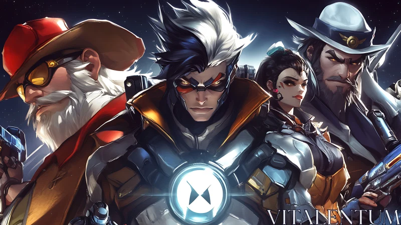 Heroic sci fi gunslingers framed in dynamic digital lighting.