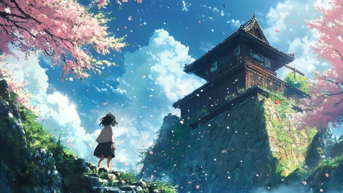 Cherry blossom winds escort a lone dreamer to the skyward keep