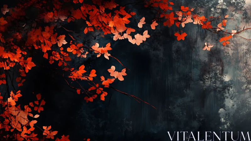 Scarlet autumn leaves against deep moody abstract forest.