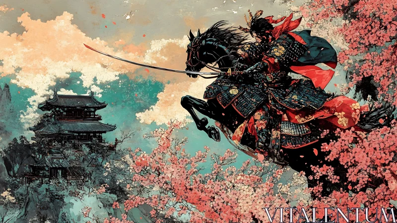 Samurai warrior on horseback advances through cherry blossoms