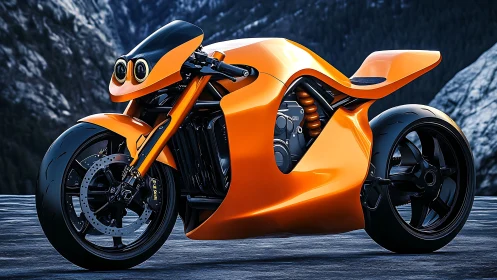 Electric orange superbike stands on mountain pass road
