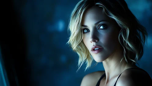 Moonlit gaze in electric teal, a quiet storm of portrait light.