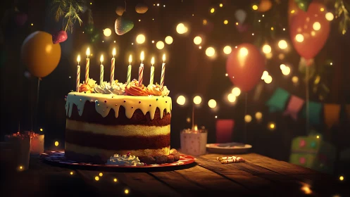 Illuminated tiered cake with burning candles surrounded by bokeh lights and festive ornaments.