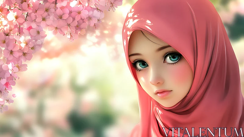 Chromatic anime portrait under diffuse cherry blossom luminance.