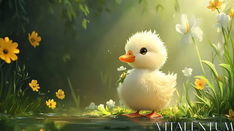 Young waterfowl positioned among flowering plants with sunlit background.