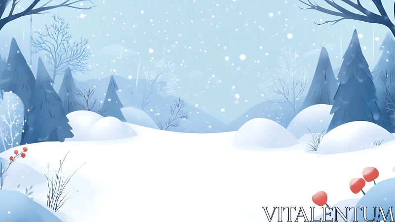 Snowy forest valley under soft blue winter snowfall.