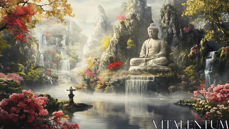 Monumental Buddha amid misted waterfalls and chromatic flora.