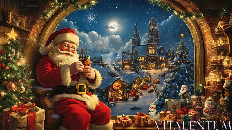 Santa sits in workshop window overlooking snowy Christmas village