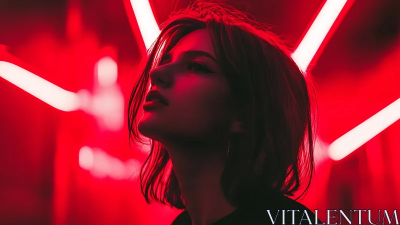 Neon-lit portrait silhouette under saturated red glow.