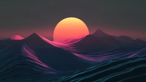 Neon contour mountains under synthetic sun at digital dusk