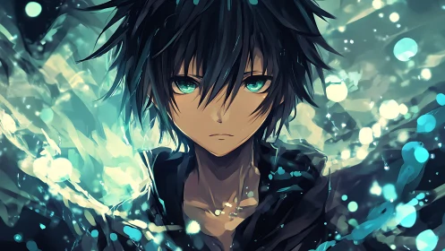 Anime portrait with teal energy effects and dynamic bokeh field.